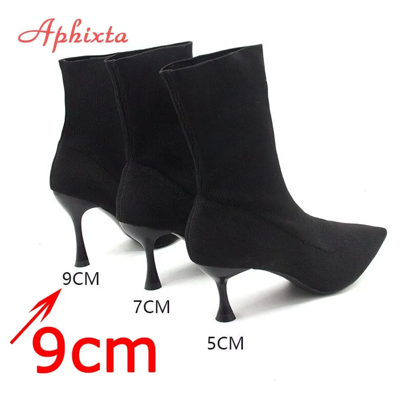 Stretch Fabric Socks Boots Women Black Shoes Elegant Pointed Toe Knitting Elastic Ankle Boots for Women