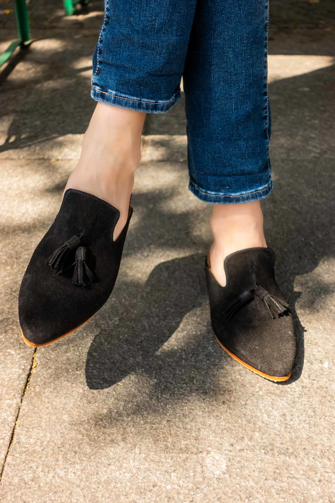 Suede Leather Pompom Mules in Black