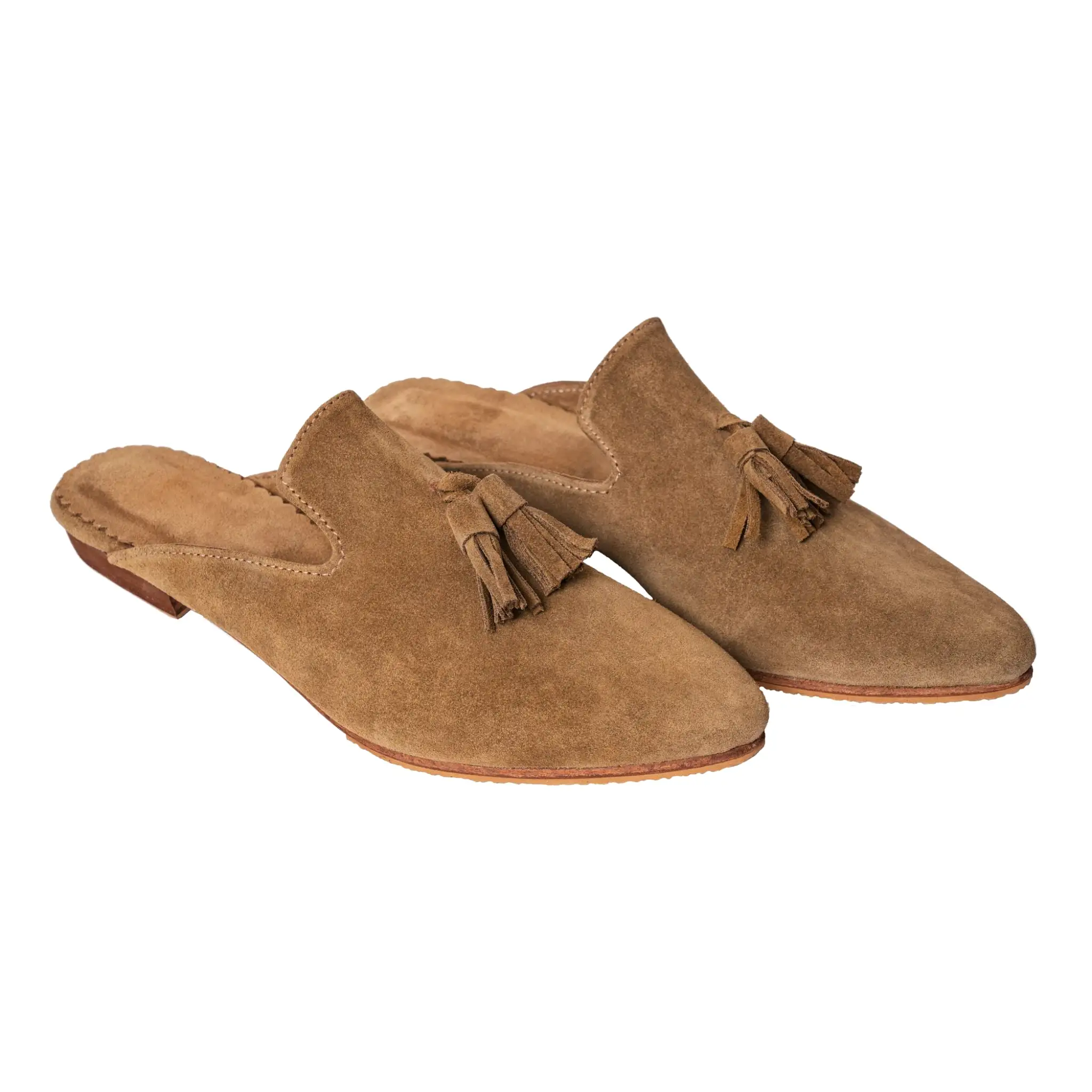 Suede Leather Pompom Mules in Brown