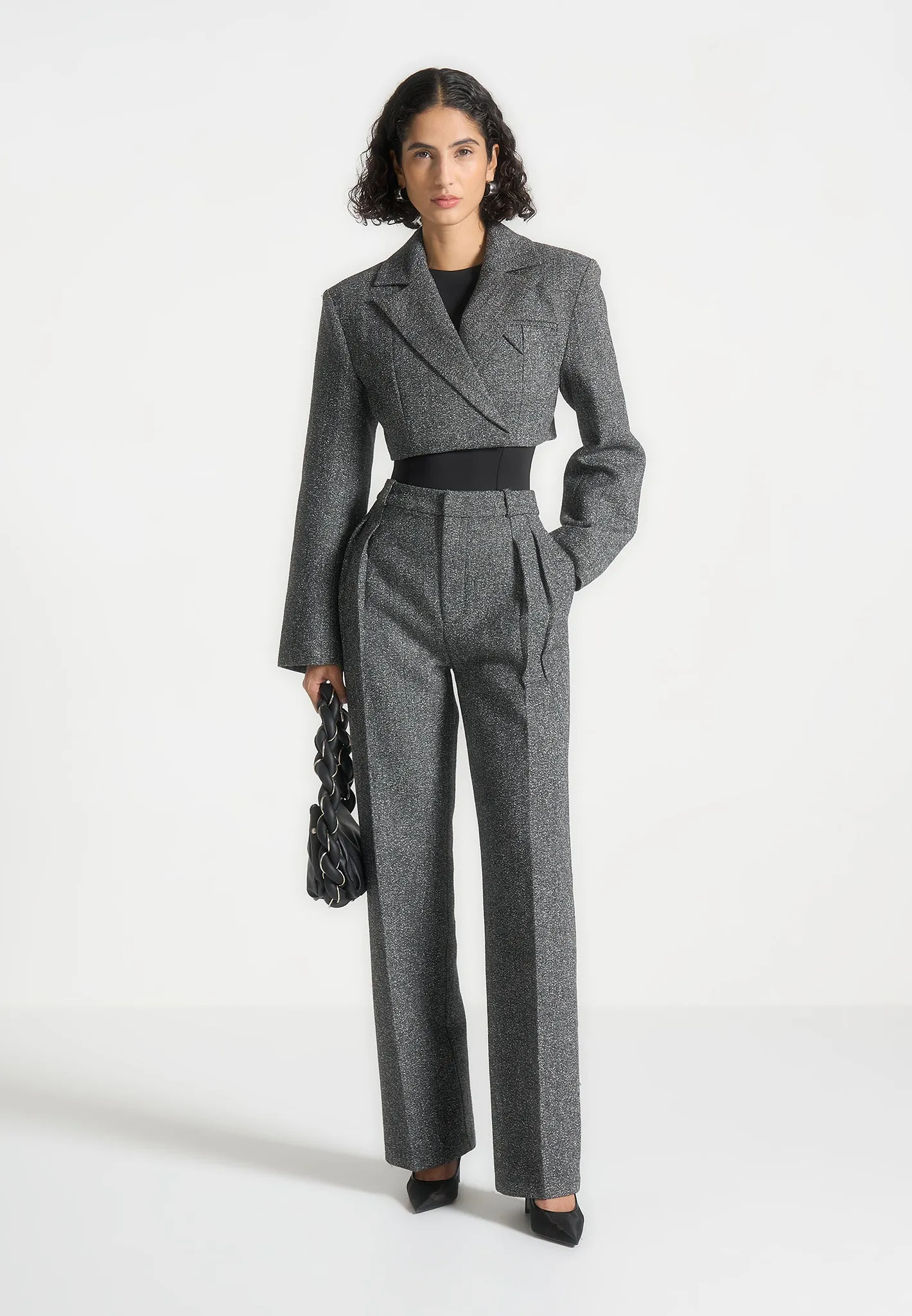 Tailored Wool Wide Shoulder Blazer - Grey