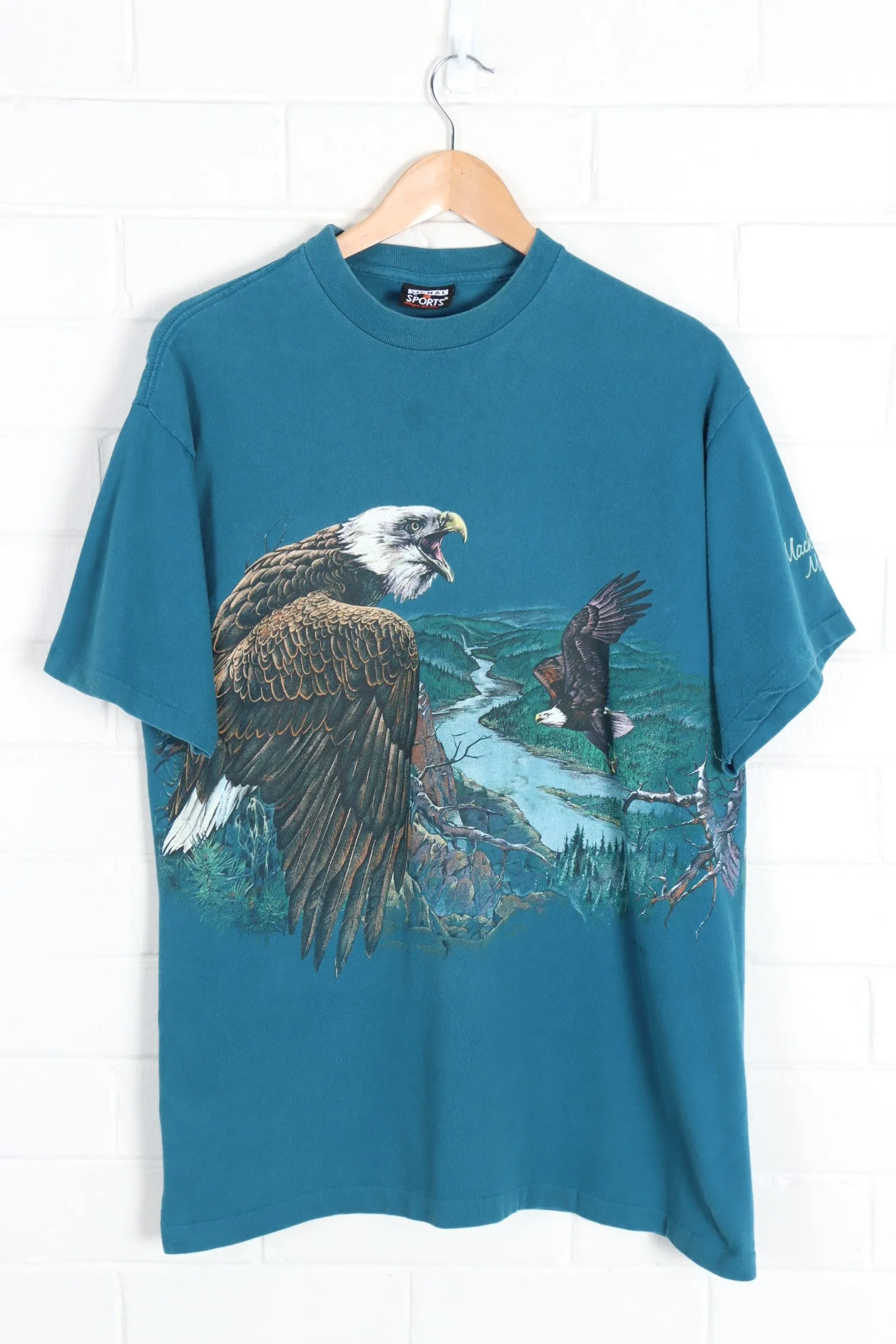 Teal Bald Eagle Continuous Print USA Made Single Stitch Tee (L)