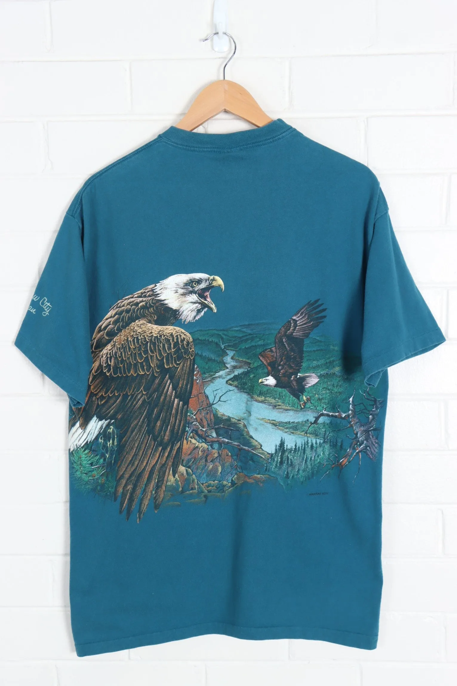 Teal Bald Eagle Continuous Print USA Made Single Stitch Tee (L)