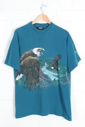 Teal Bald Eagle Continuous Print USA Made Single Stitch Tee (L)