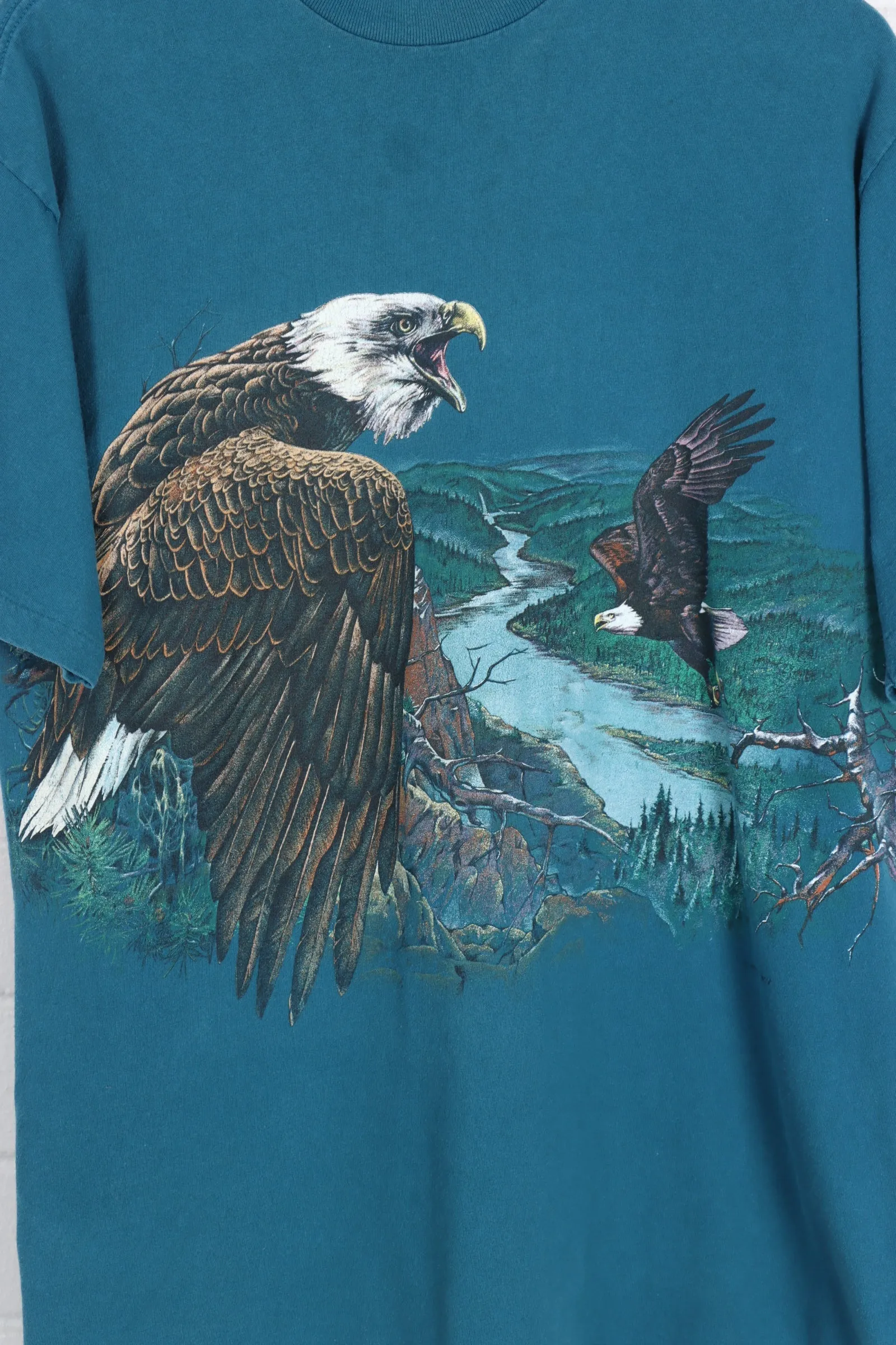 Teal Bald Eagle Continuous Print USA Made Single Stitch Tee (L)