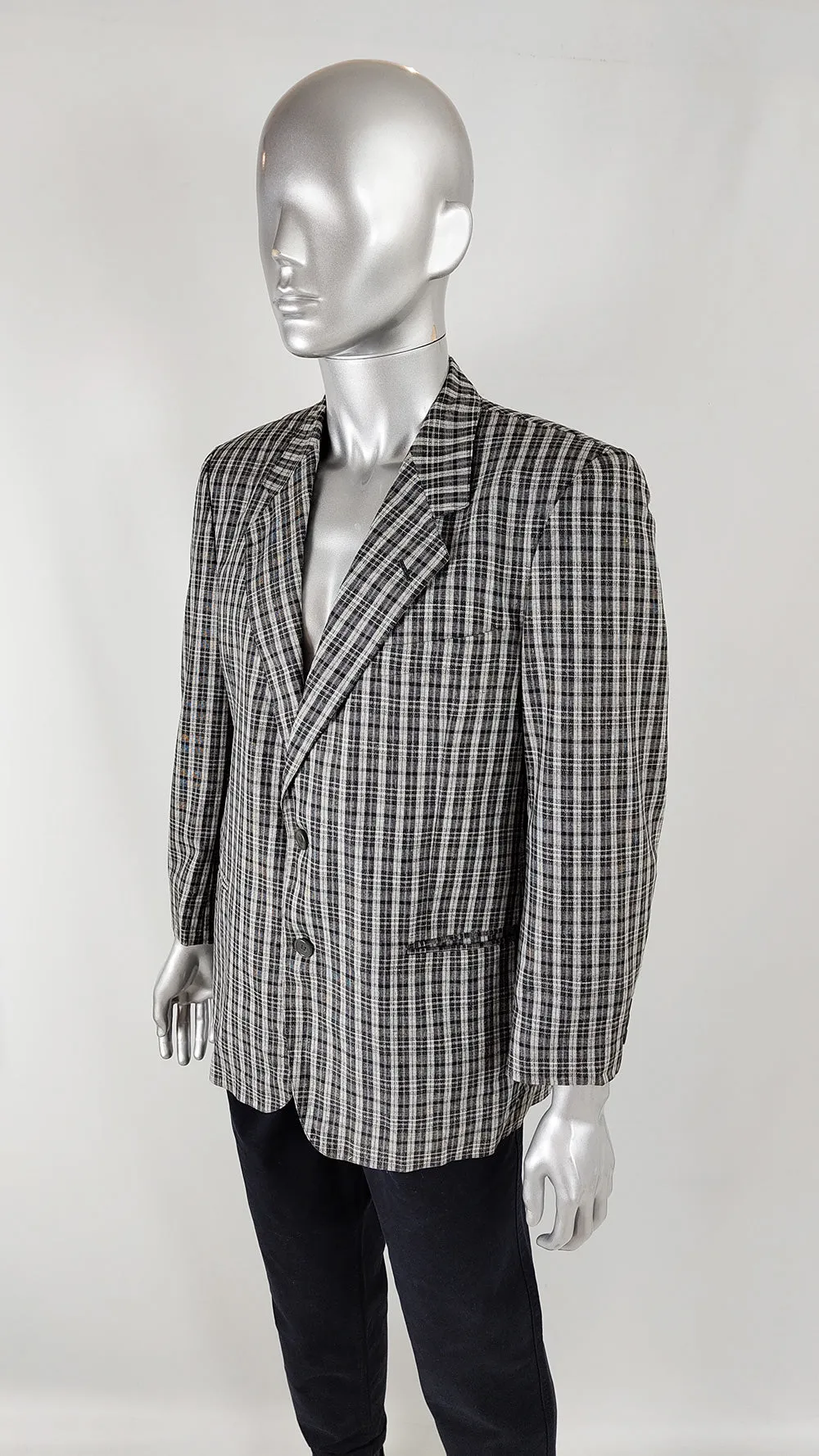 Texitaly Vintage Mens Italian Linen, Wool & Silk Check Blazer