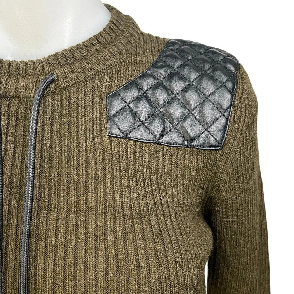 The Kooples Khaki Green Wool Ribbed Leather Insert Pullover Crop Sweater Top S