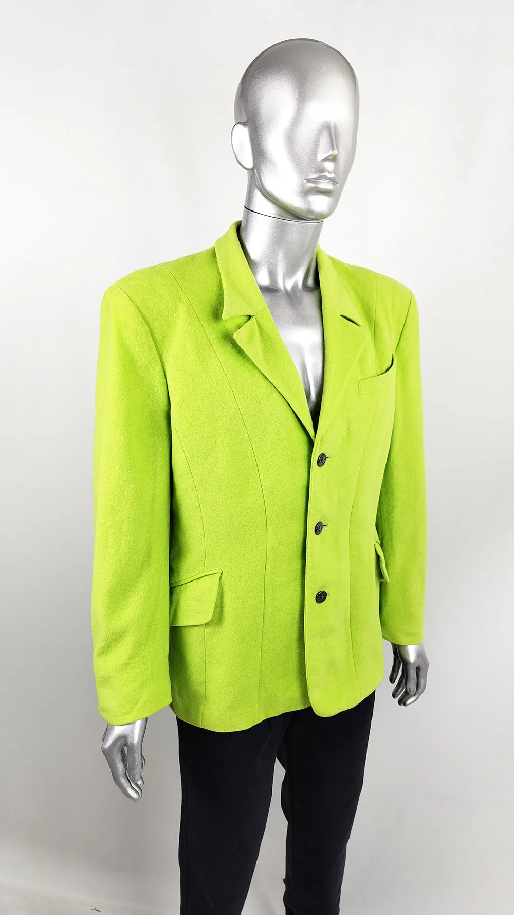 Thierry Mugler Vintage Mens Neon Green Wool Blazer Jacket, 1980s