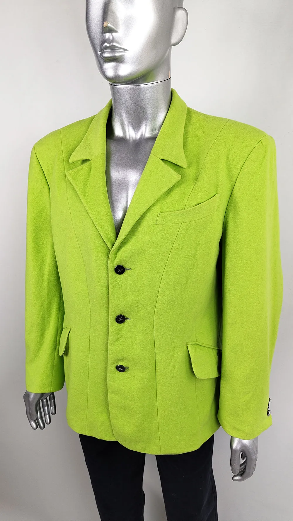 Thierry Mugler Vintage Mens Neon Green Wool Blazer Jacket, 1980s