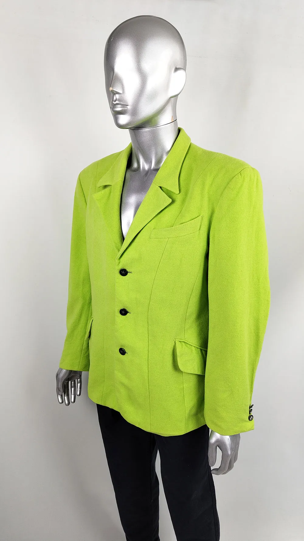 Thierry Mugler Vintage Mens Neon Green Wool Blazer Jacket, 1980s