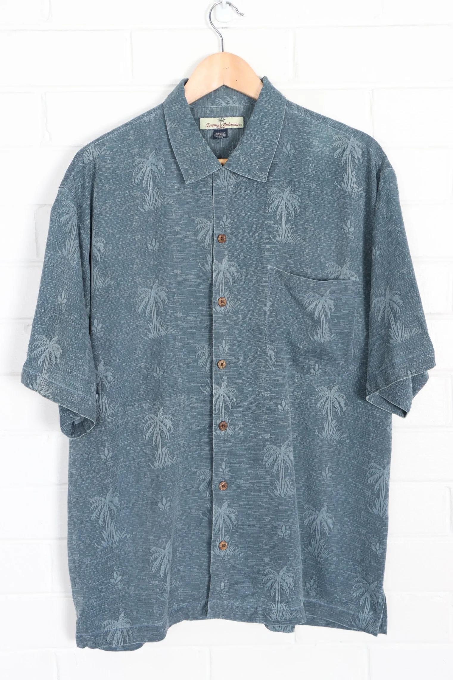 TOMMY BAHAMA Steel Blue Embossed Short Sleeve Silk Shirt (L)