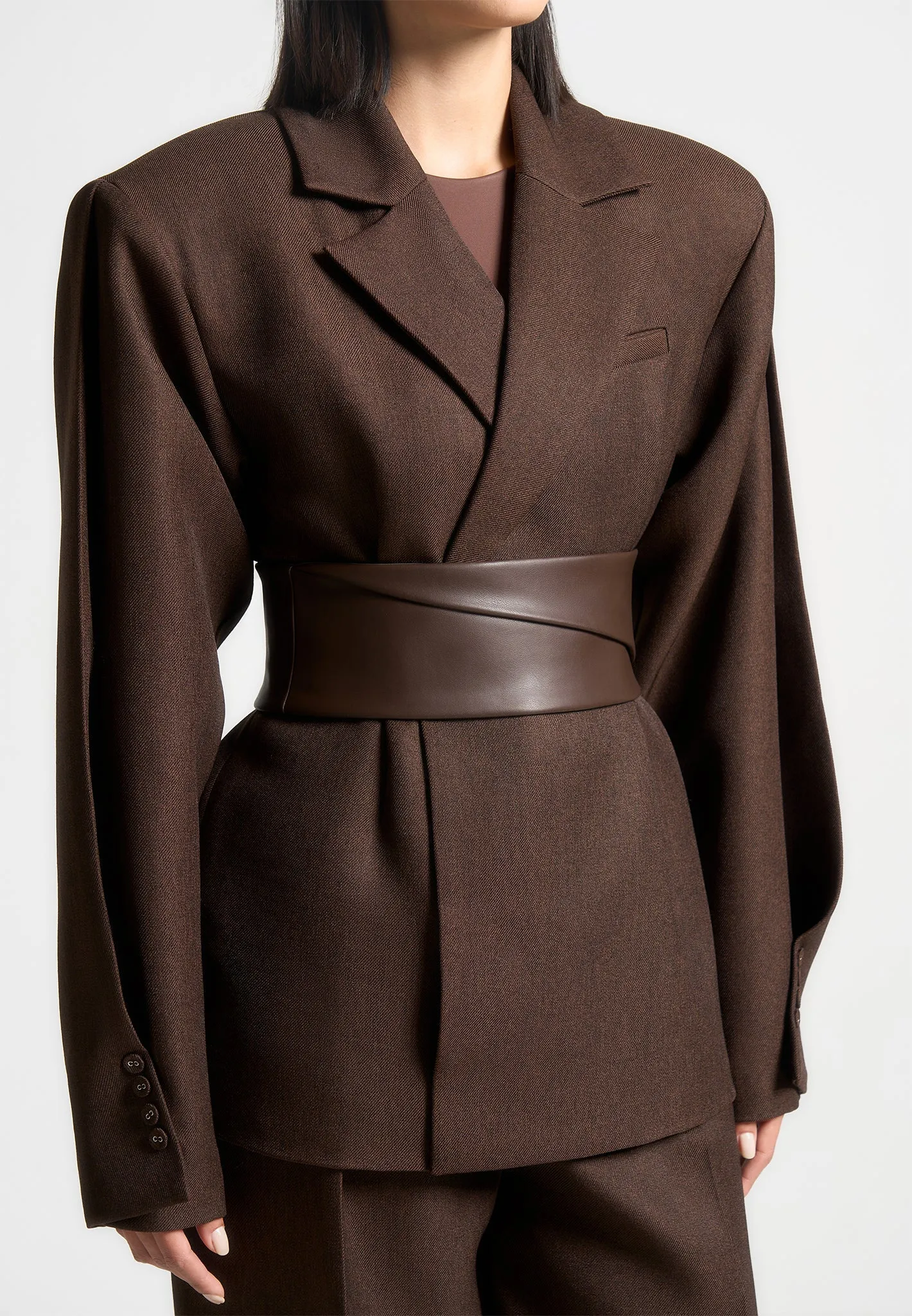 Twist Sleeve Tailored Blazer with Belt - Brown