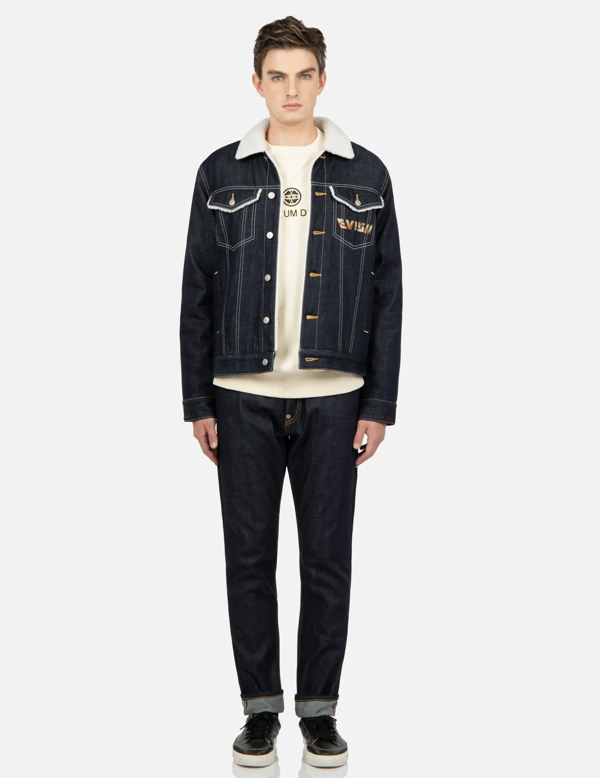 Two-Layer Brushstroke Daicock Sherpa-Lined Denim Jacket