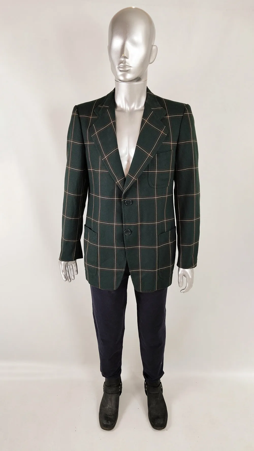 Vintage Mens Dark Green Windowpane Check Blazer, 1970s