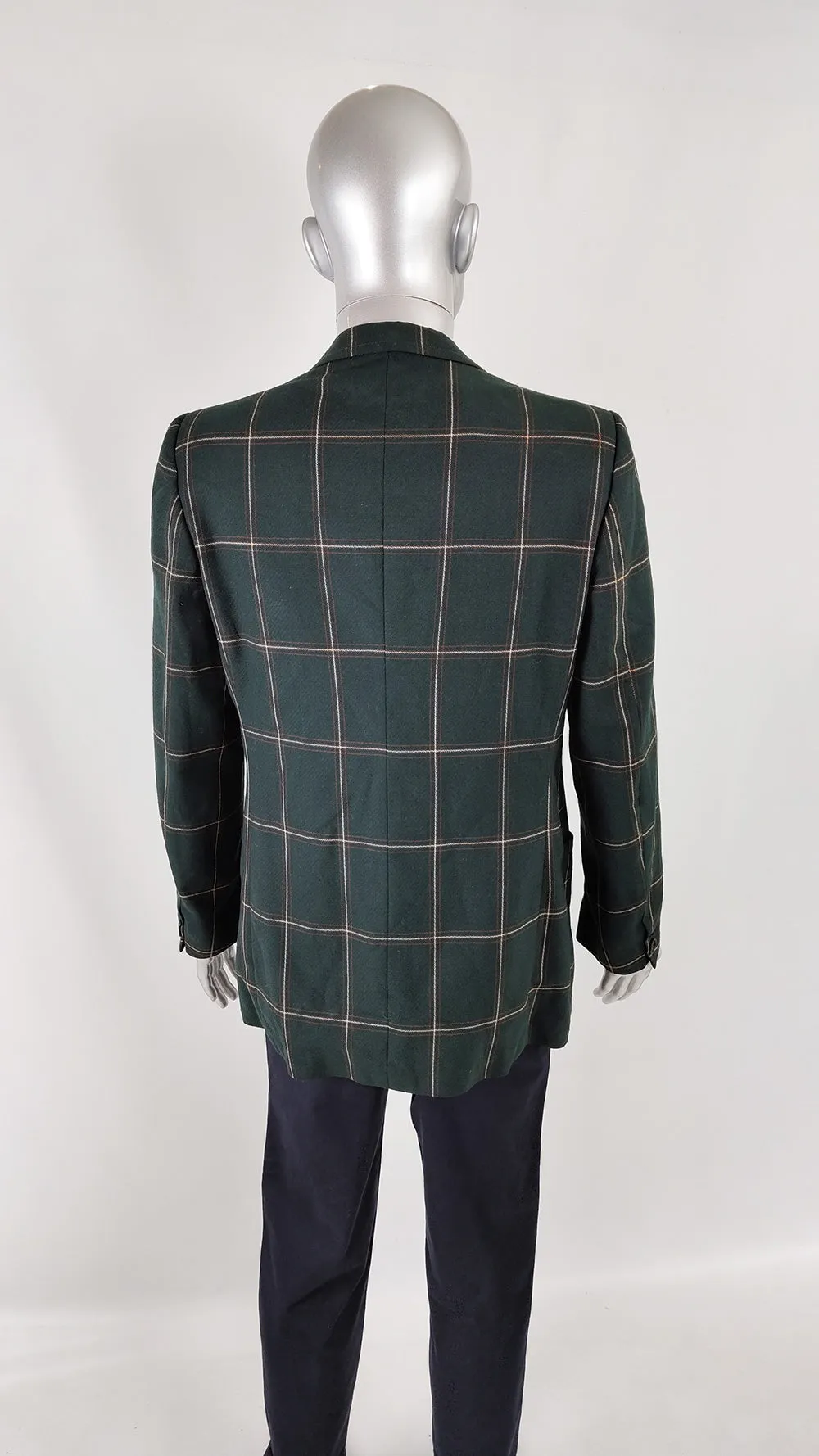 Vintage Mens Dark Green Windowpane Check Blazer, 1970s