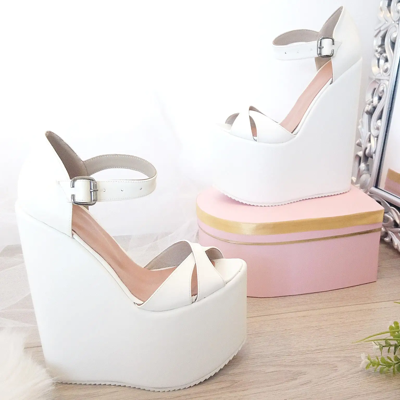 White Cross Sandals Wedge Platform Shoes