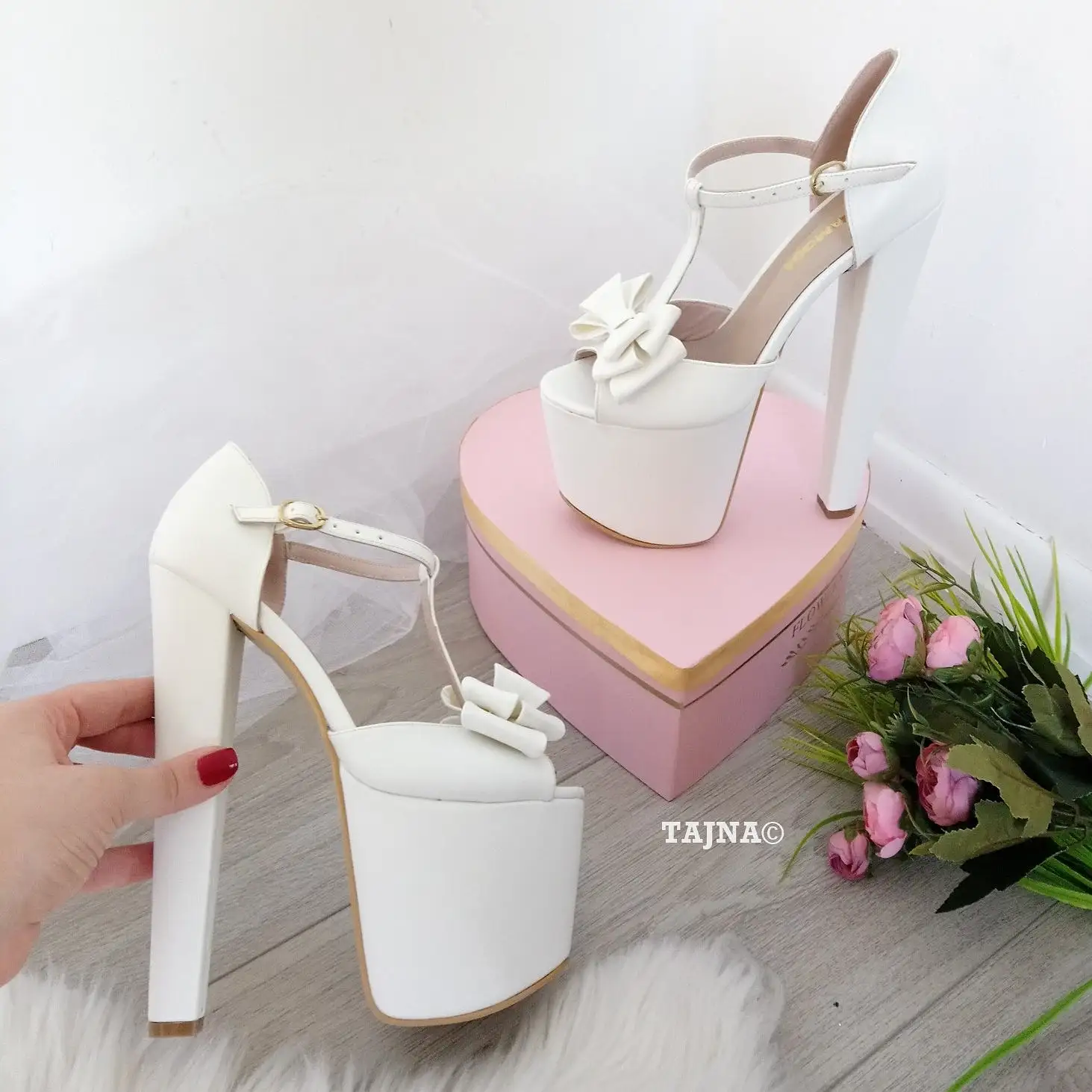 White Ribbon Ankle Strap High Heel Platform Bride Shoes