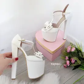 White Ribbon Ankle Strap High Heel Platform Bride Shoes