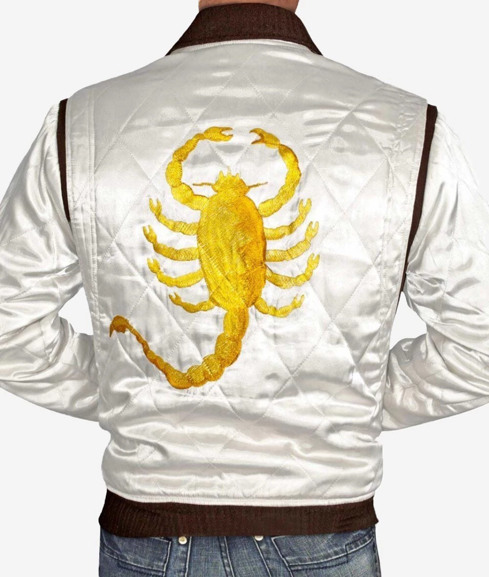 White Scorpion Satin Quilted Bomber Jacket For Men