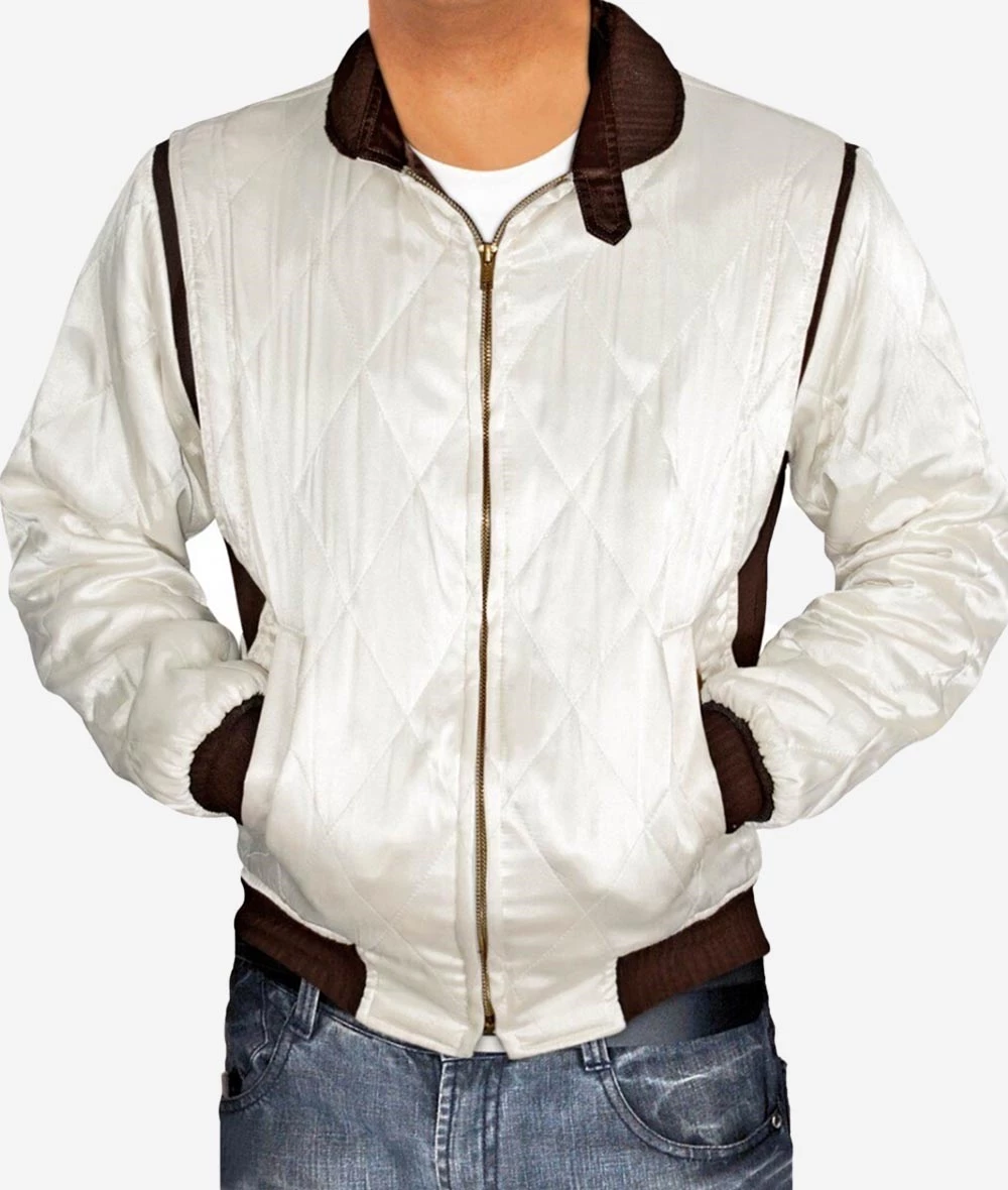 White Scorpion Satin Quilted Bomber Jacket For Men