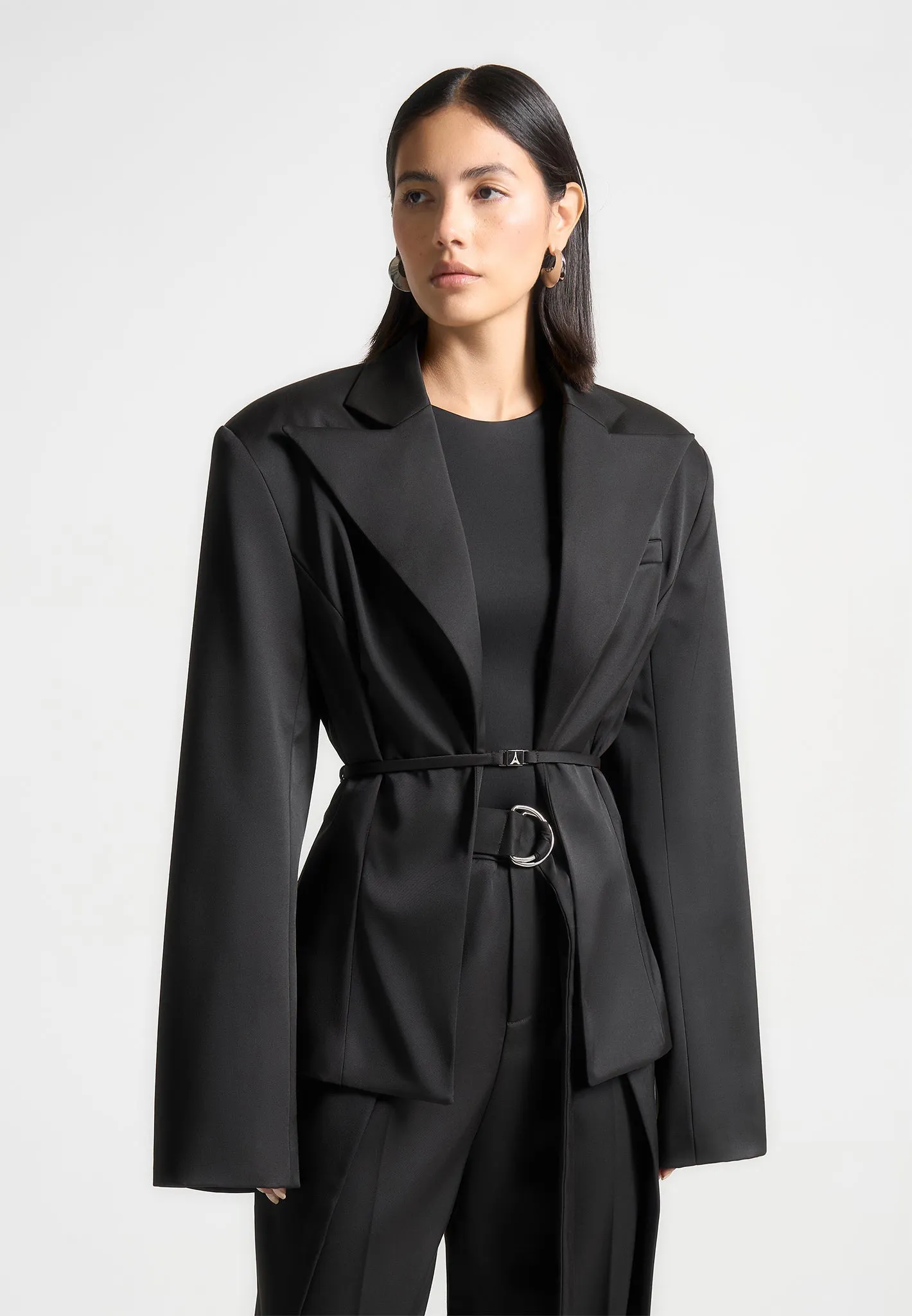 Wide Shoulder Sateen Blazer with Twin Belt - Black