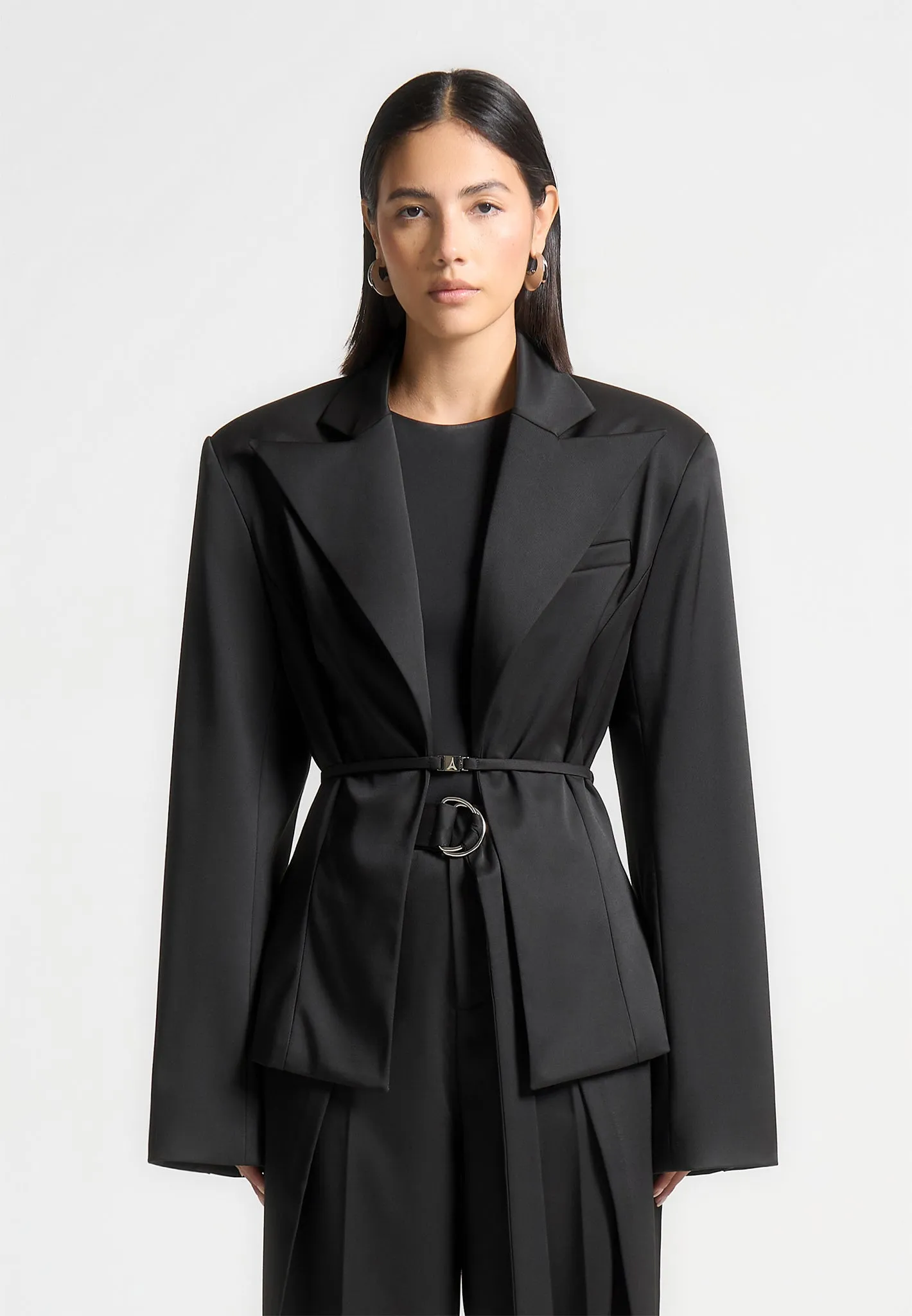 Wide Shoulder Sateen Blazer with Twin Belt - Black