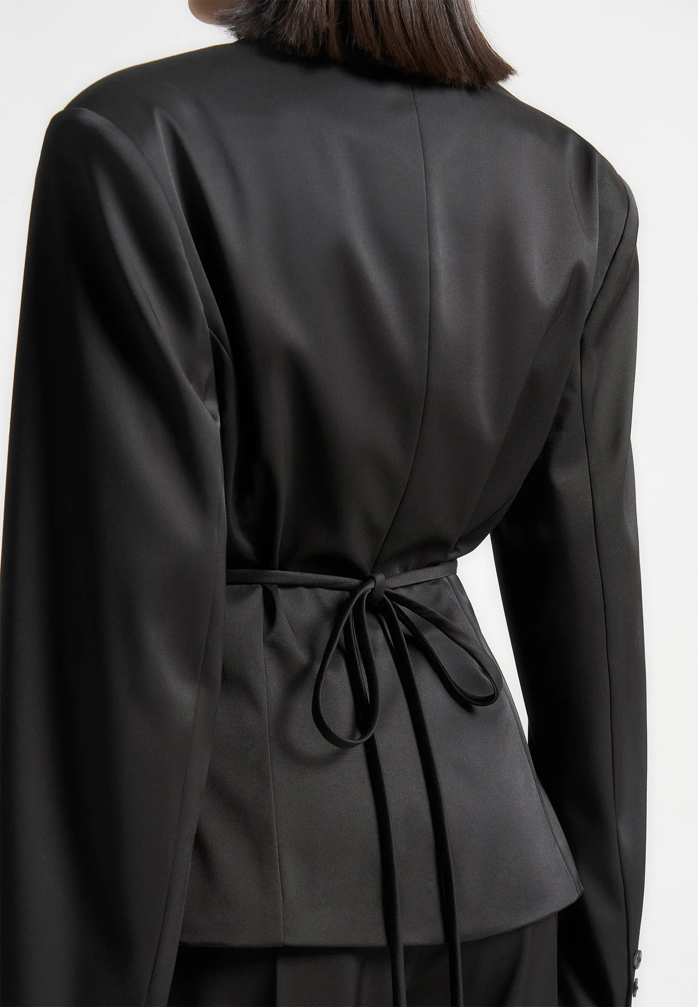 Wide Shoulder Sateen Blazer with Twin Belt - Black