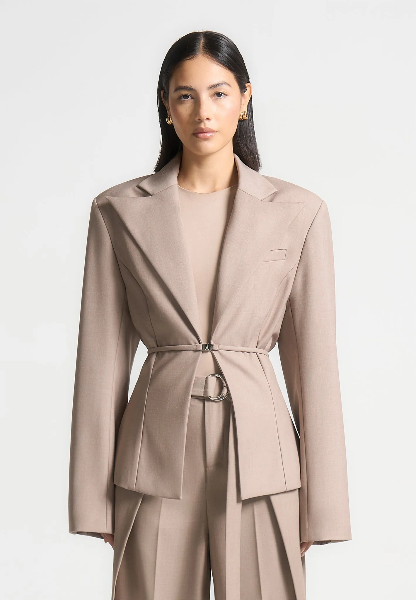 Wide Shoulder Tailored Blazer with Twin Belt - Taupe