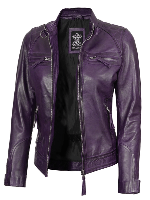 Women Purple Quilted Leather Cafe Racer Jacket