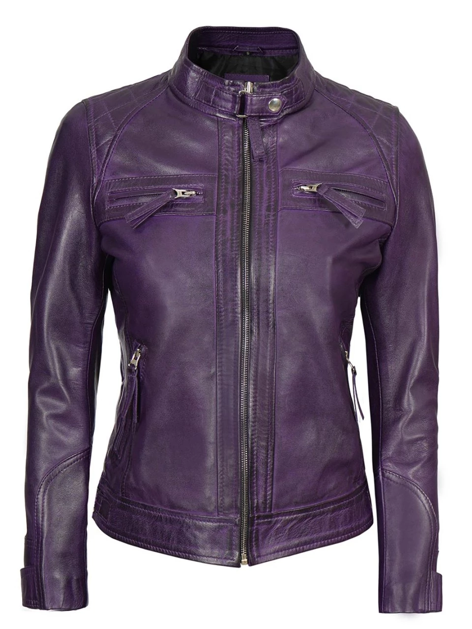 Women Purple Quilted Leather Cafe Racer Jacket