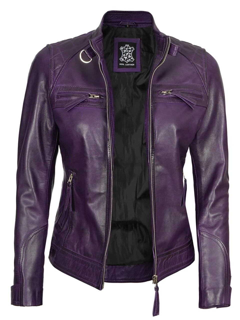 Women Purple Quilted Leather Cafe Racer Jacket