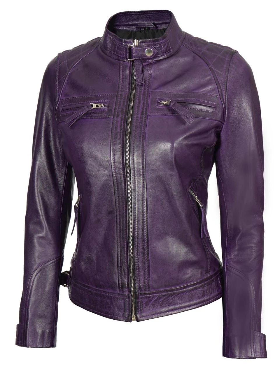 Women Purple Quilted Leather Cafe Racer Jacket