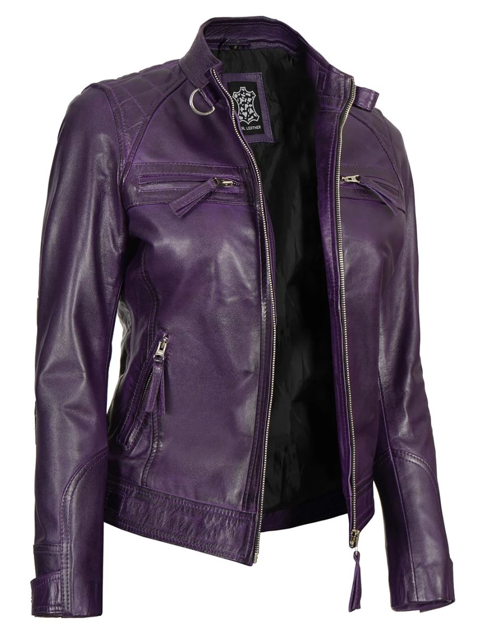 Women Purple Quilted Leather Cafe Racer Jacket