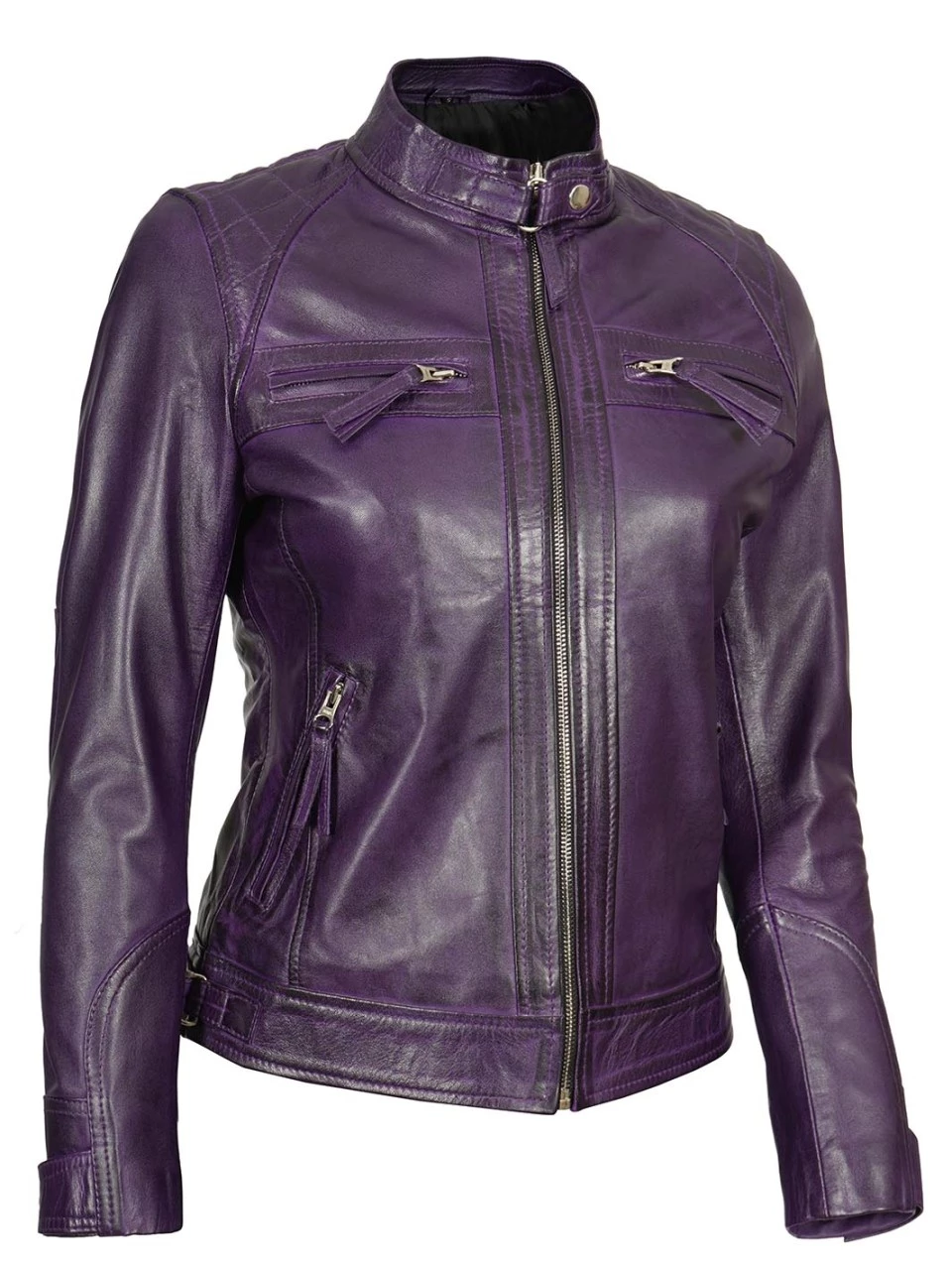 Women Purple Quilted Leather Cafe Racer Jacket