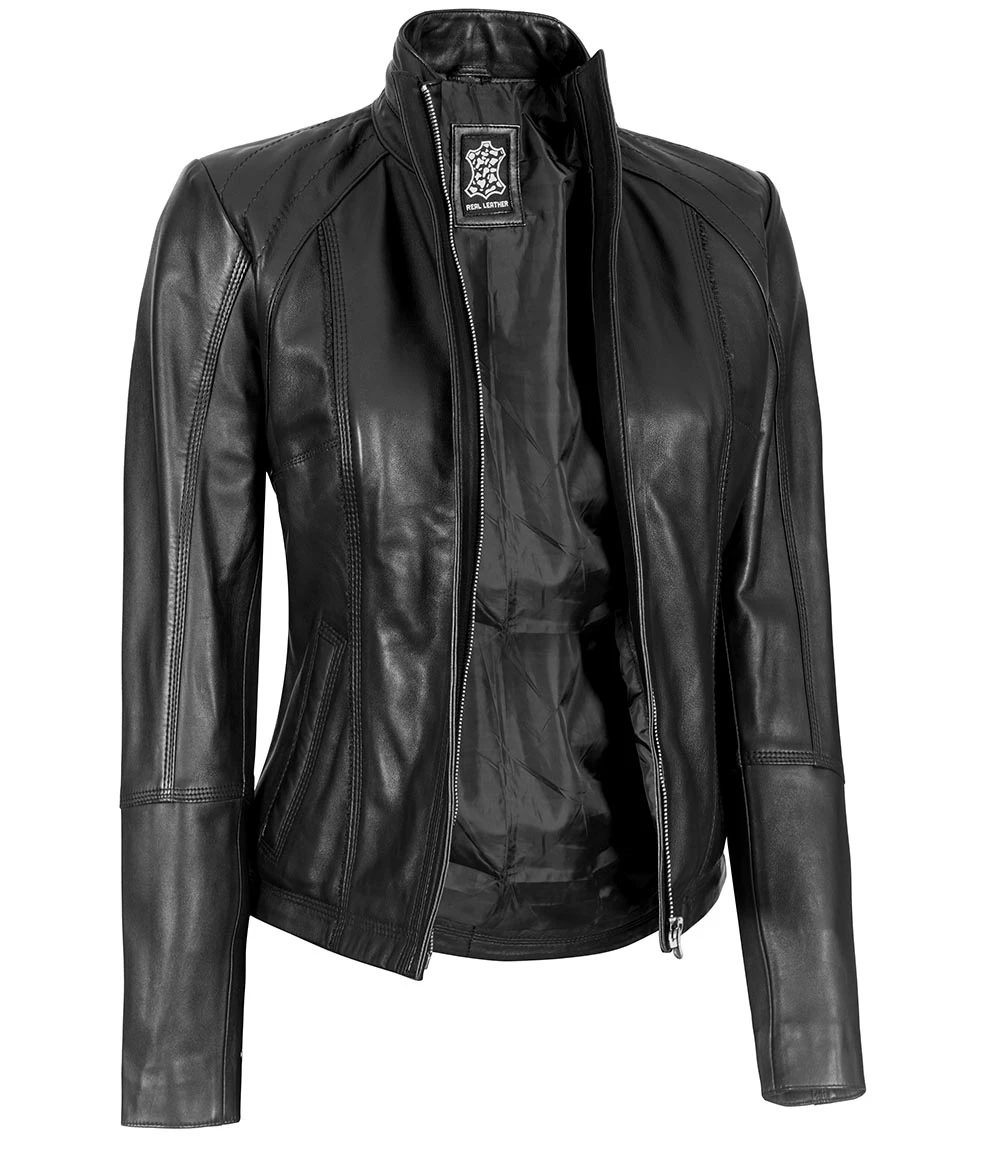 Women's Black Leather Cafe Racer Motorcycle Jacket