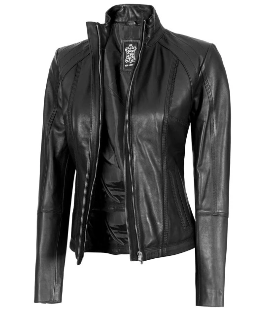 Women's Black Leather Cafe Racer Motorcycle Jacket