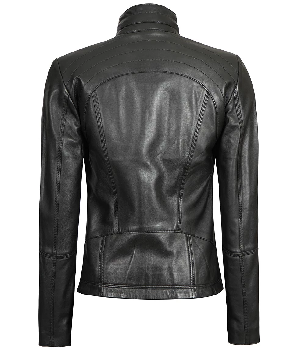 Women's Black Leather Cafe Racer Motorcycle Jacket