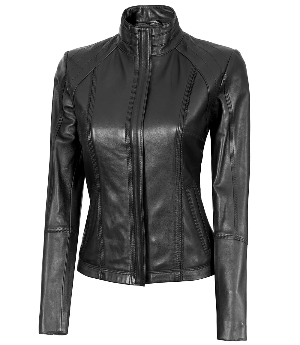 Women's Black Leather Cafe Racer Motorcycle Jacket