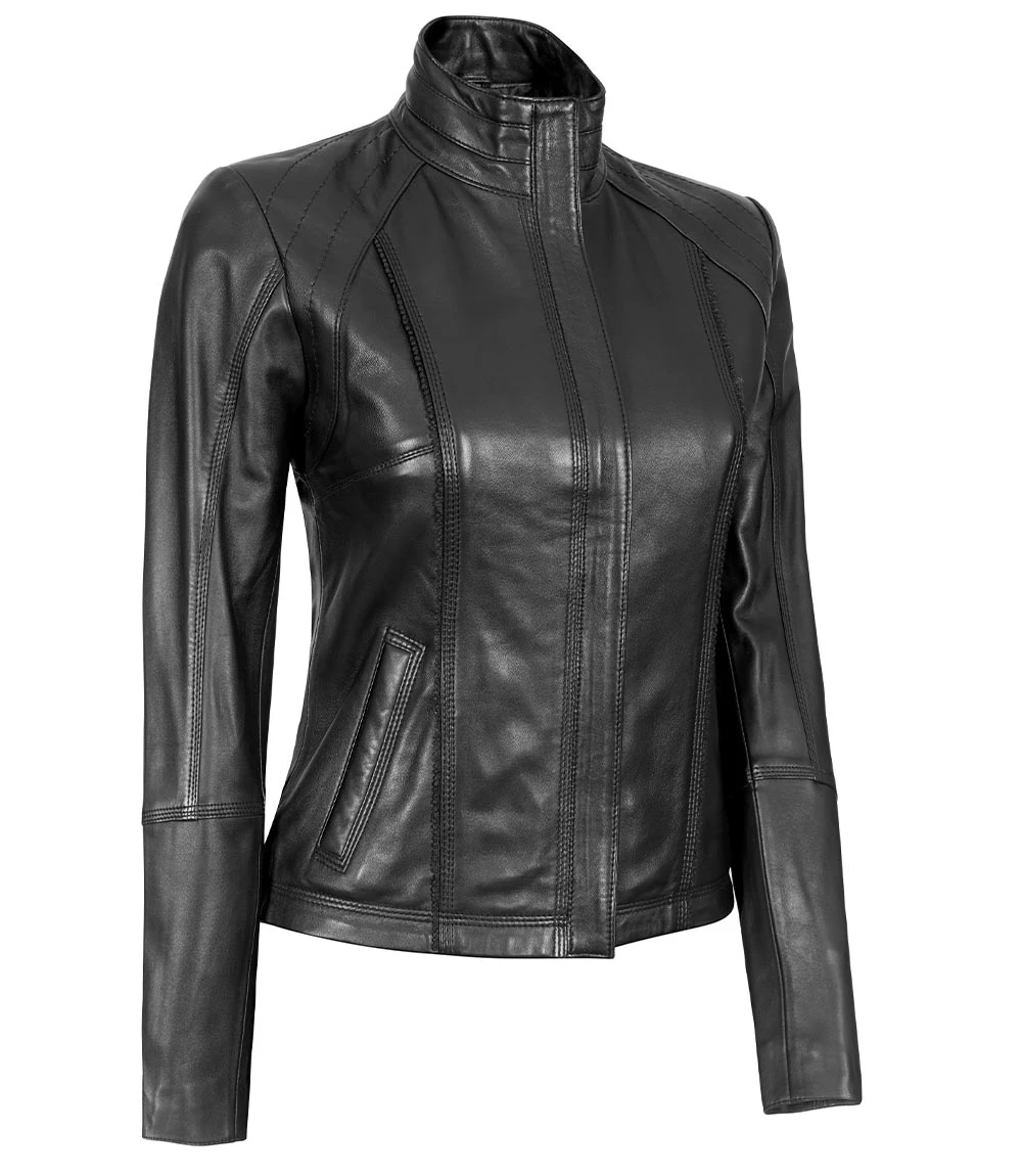 Women's Black Leather Cafe Racer Motorcycle Jacket