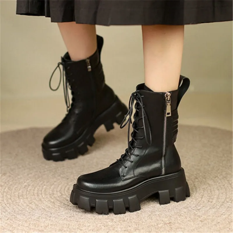 Women's Concise Genuine Leather Pleated Platform Side Zipper Ankle Boots