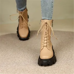 Women's Concise Genuine Leather Pleated Platform Side Zipper Ankle Boots