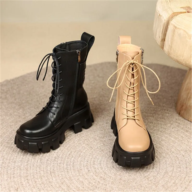 Women's Concise Genuine Leather Pleated Platform Side Zipper Ankle Boots