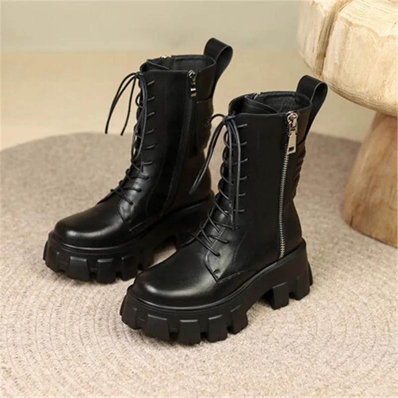 Women's Concise Genuine Leather Pleated Platform Side Zipper Ankle Boots