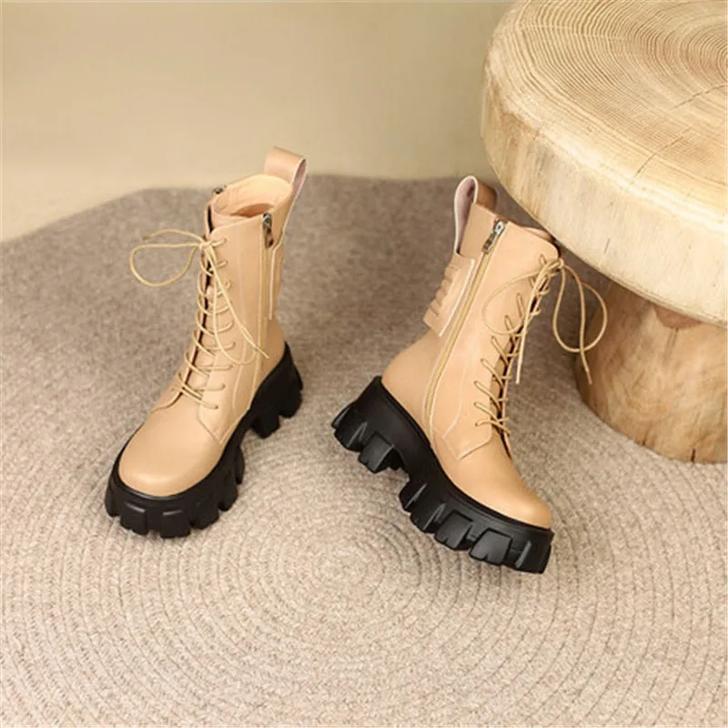 Women's Concise Genuine Leather Pleated Platform Side Zipper Ankle Boots