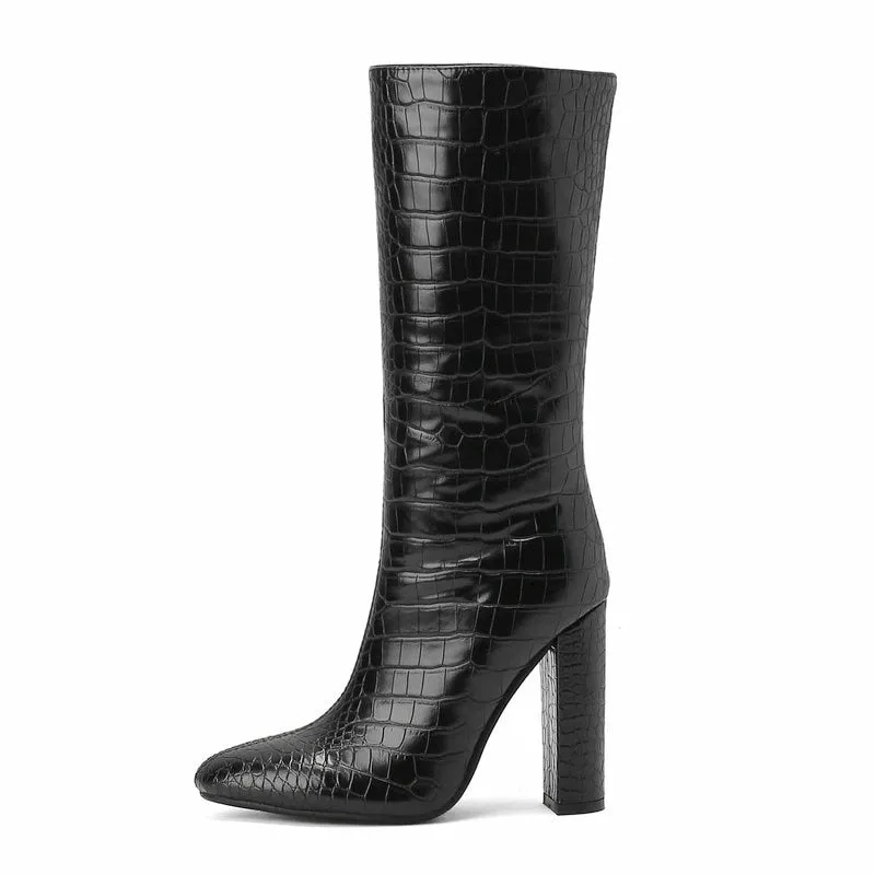 Women's Fashion Black Mid High Pointed Toe Chunky Heel Boots