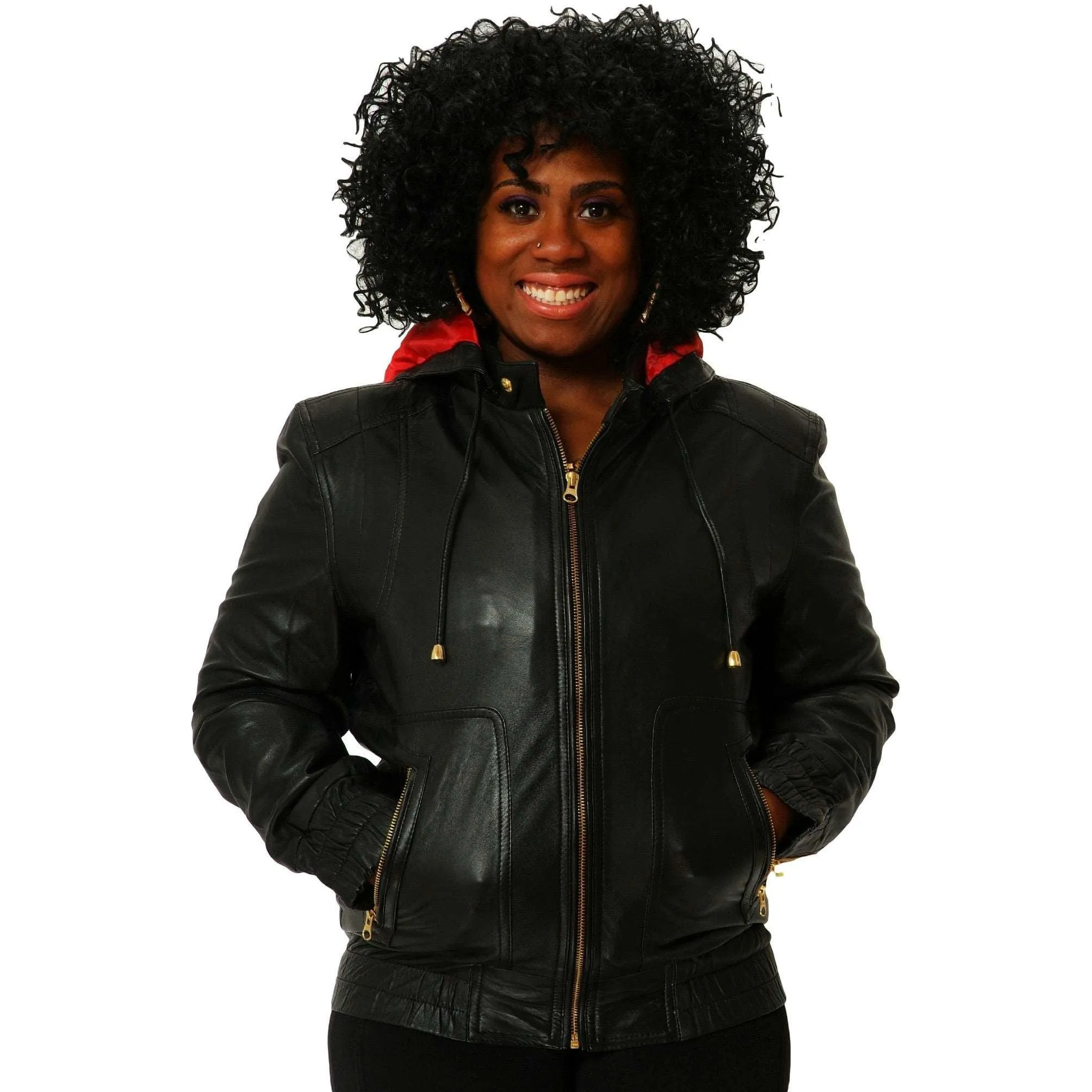 Womens Leather Jacket Black Hoodie Smooth Nappa Sheepskin Celebrity style