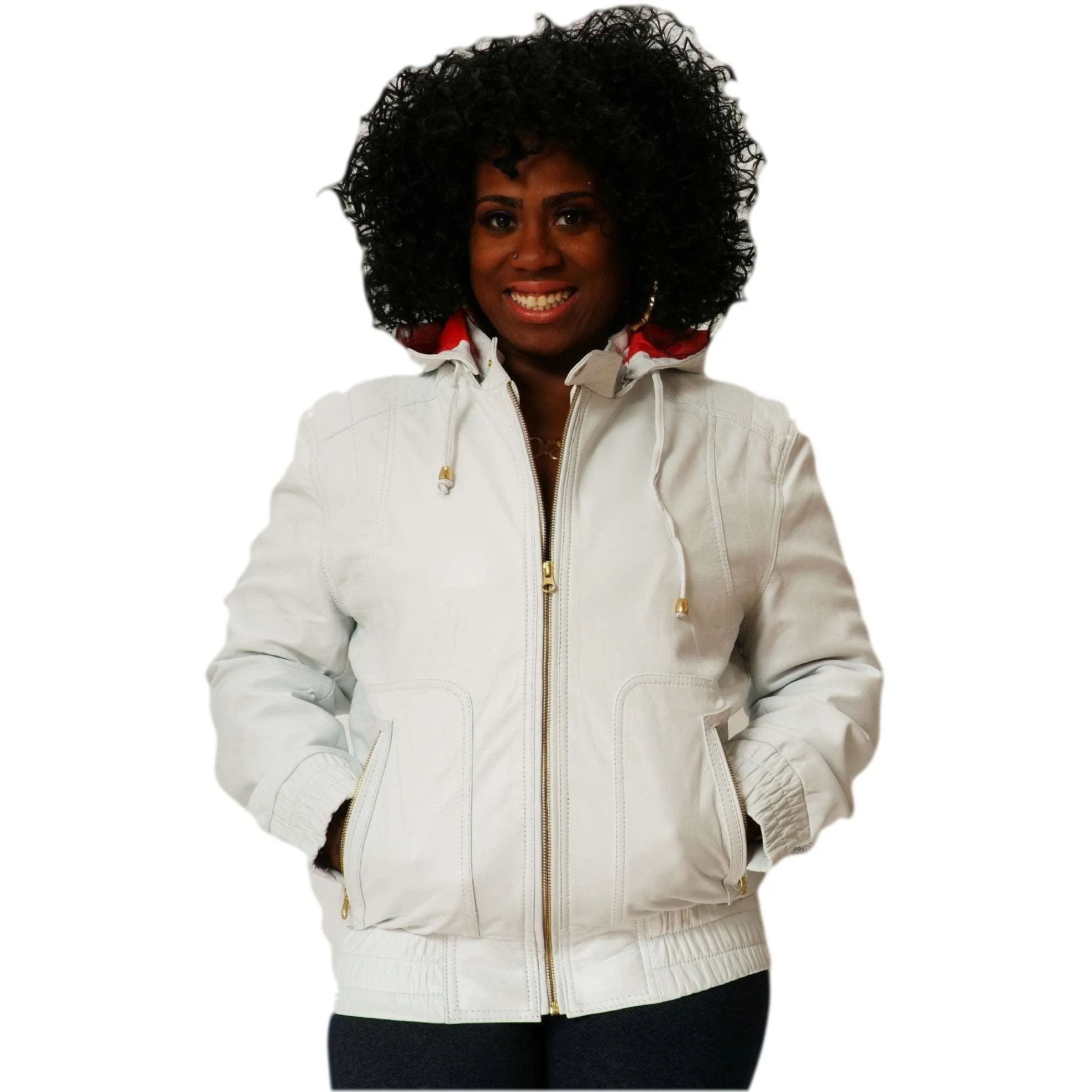 Womens Leather Jacket White Hoodie Smooth Nappa Sheepskin Celebrity style