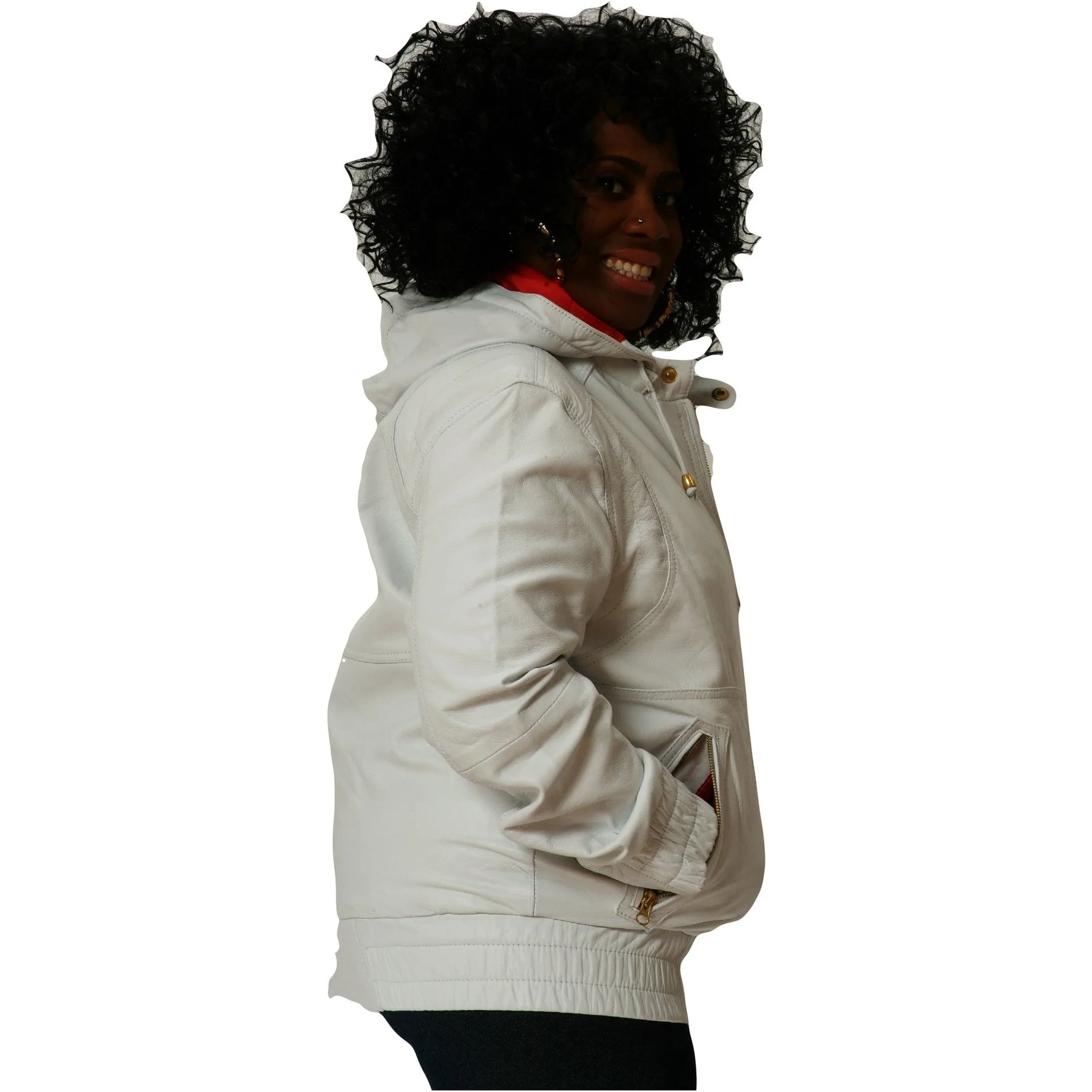 Womens Leather Jacket White Hoodie Smooth Nappa Sheepskin Celebrity style