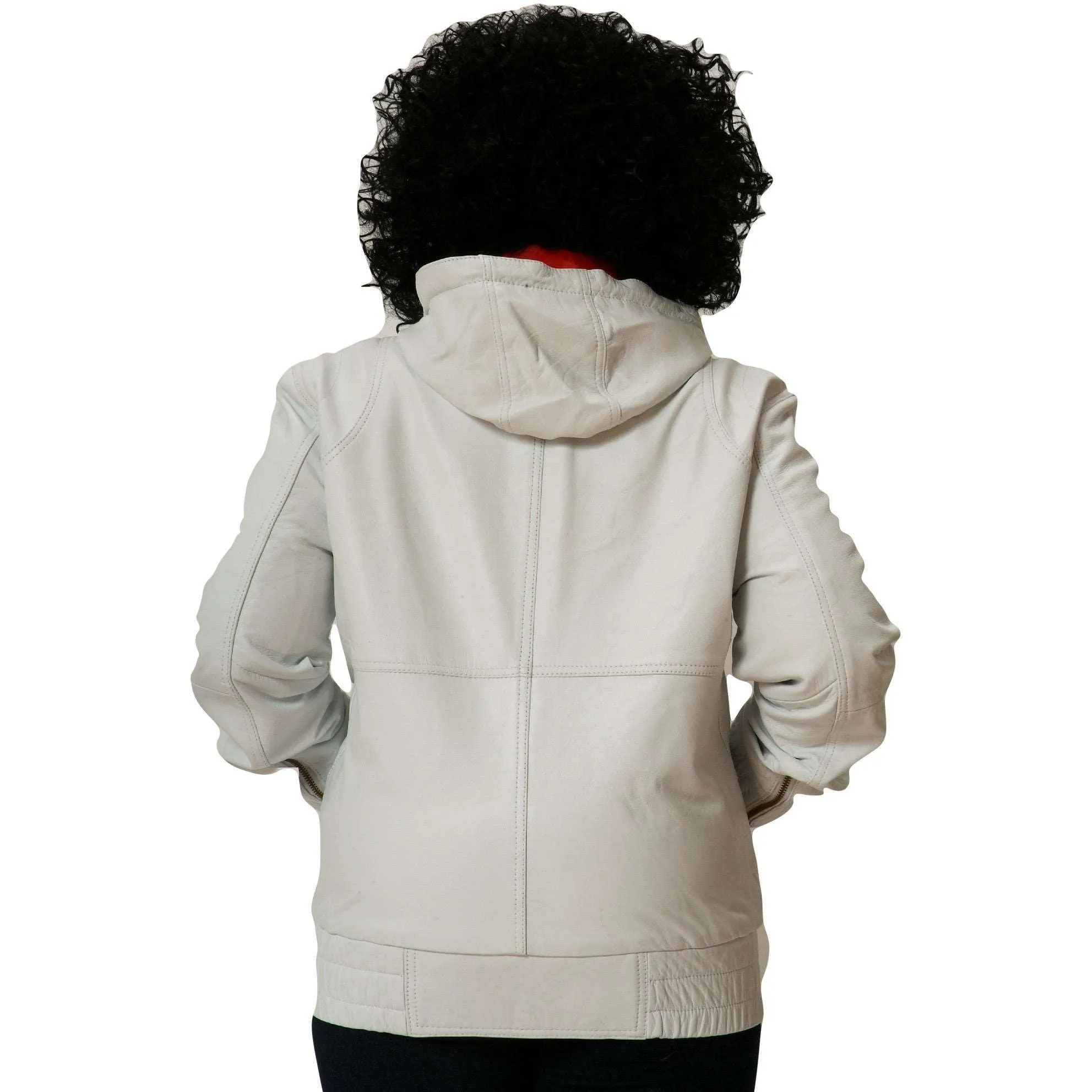 Womens Leather Jacket White Hoodie Smooth Nappa Sheepskin Celebrity style