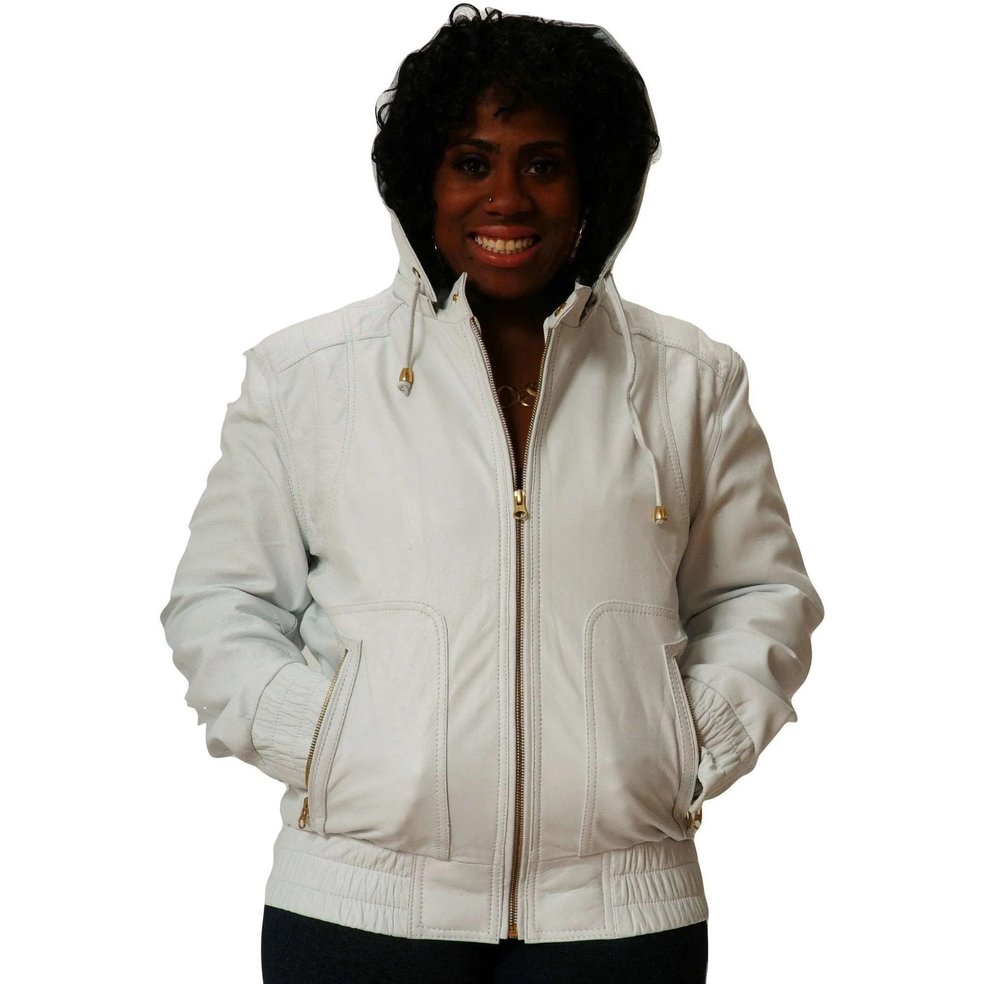 Womens Leather Jacket White Hoodie Smooth Nappa Sheepskin Celebrity style