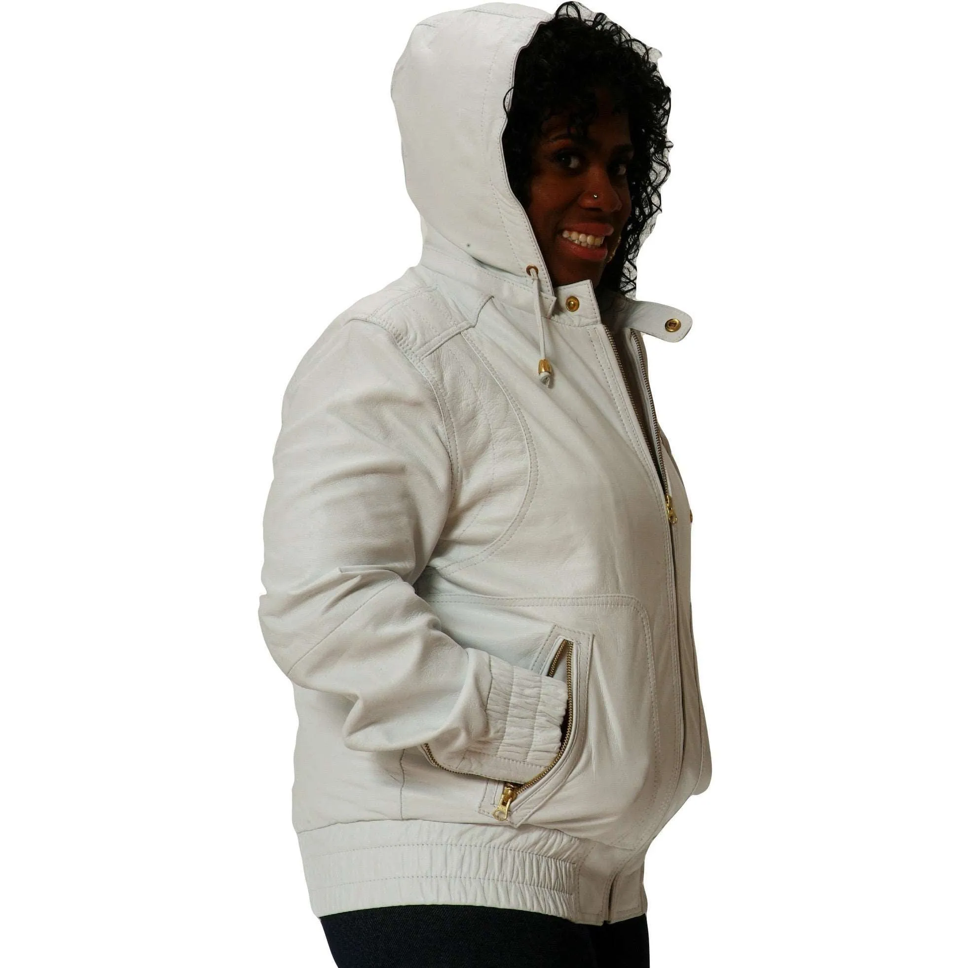 Womens Leather Jacket White Hoodie Smooth Nappa Sheepskin Celebrity style